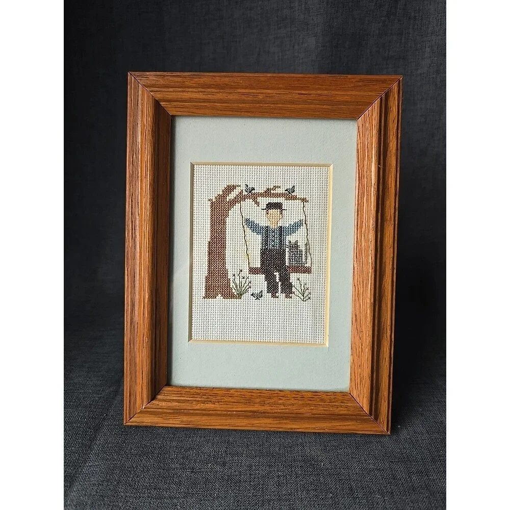 Framed Vintage Finished Cross Stitch Piece Amish Cat Play Day Swinging Birds